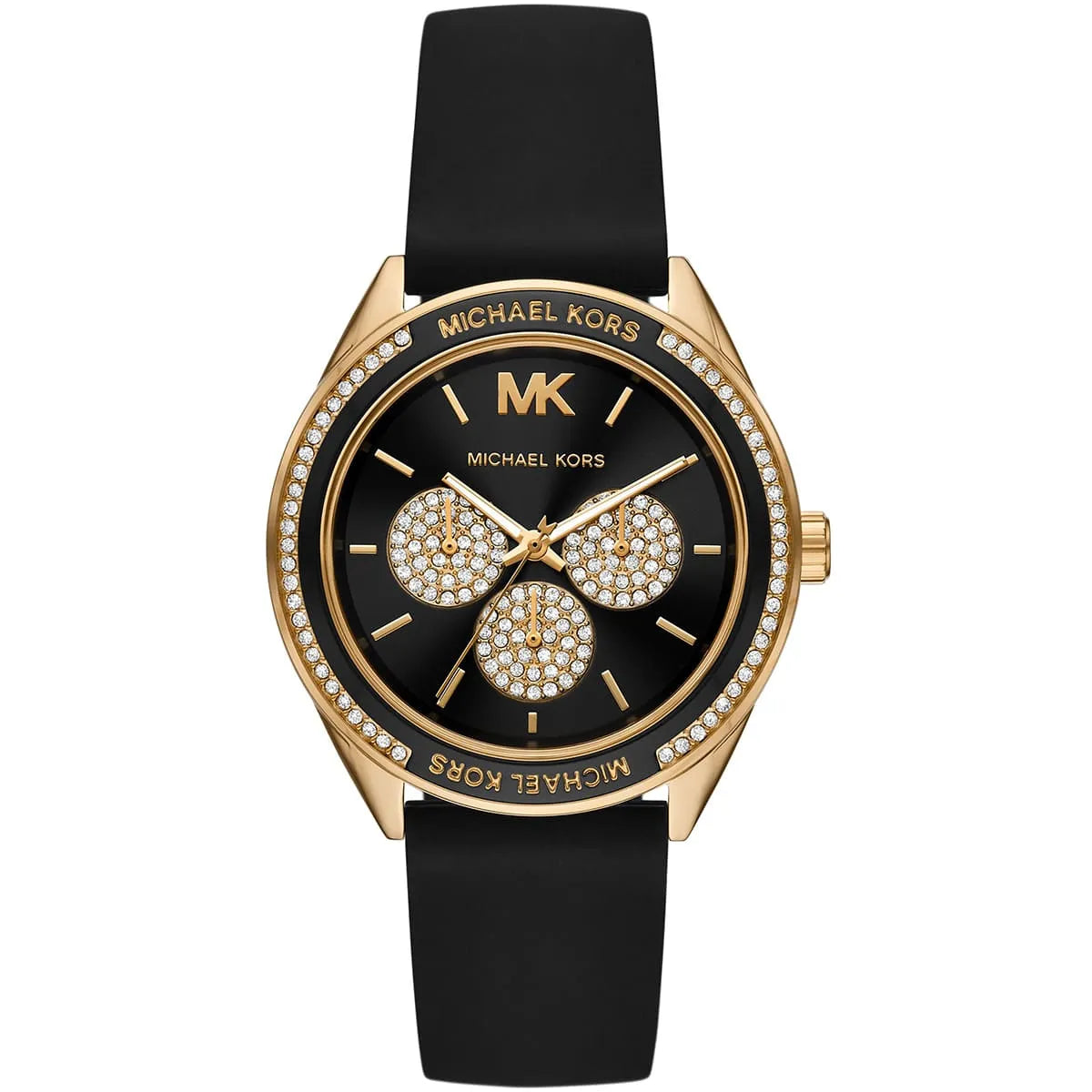 Michael Kors Jessa MK6944 women's black dial black silicone rubber watch front view