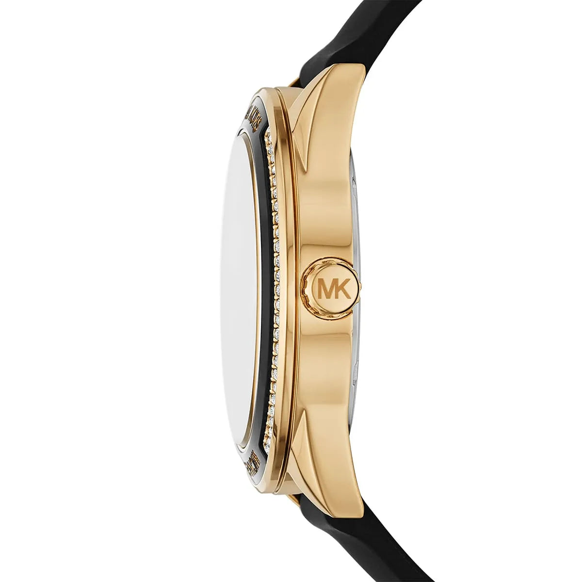 Side profile of Michael Kors Jessa MK6944 black silicone strap watch