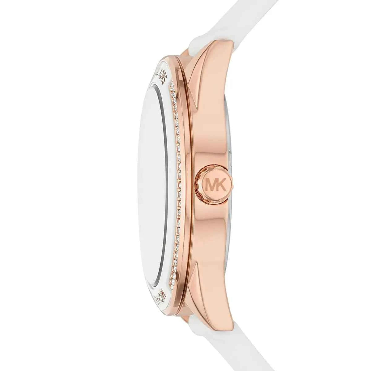 Side profile of Michael Kors Jessa MK6945 white silicone strap watch