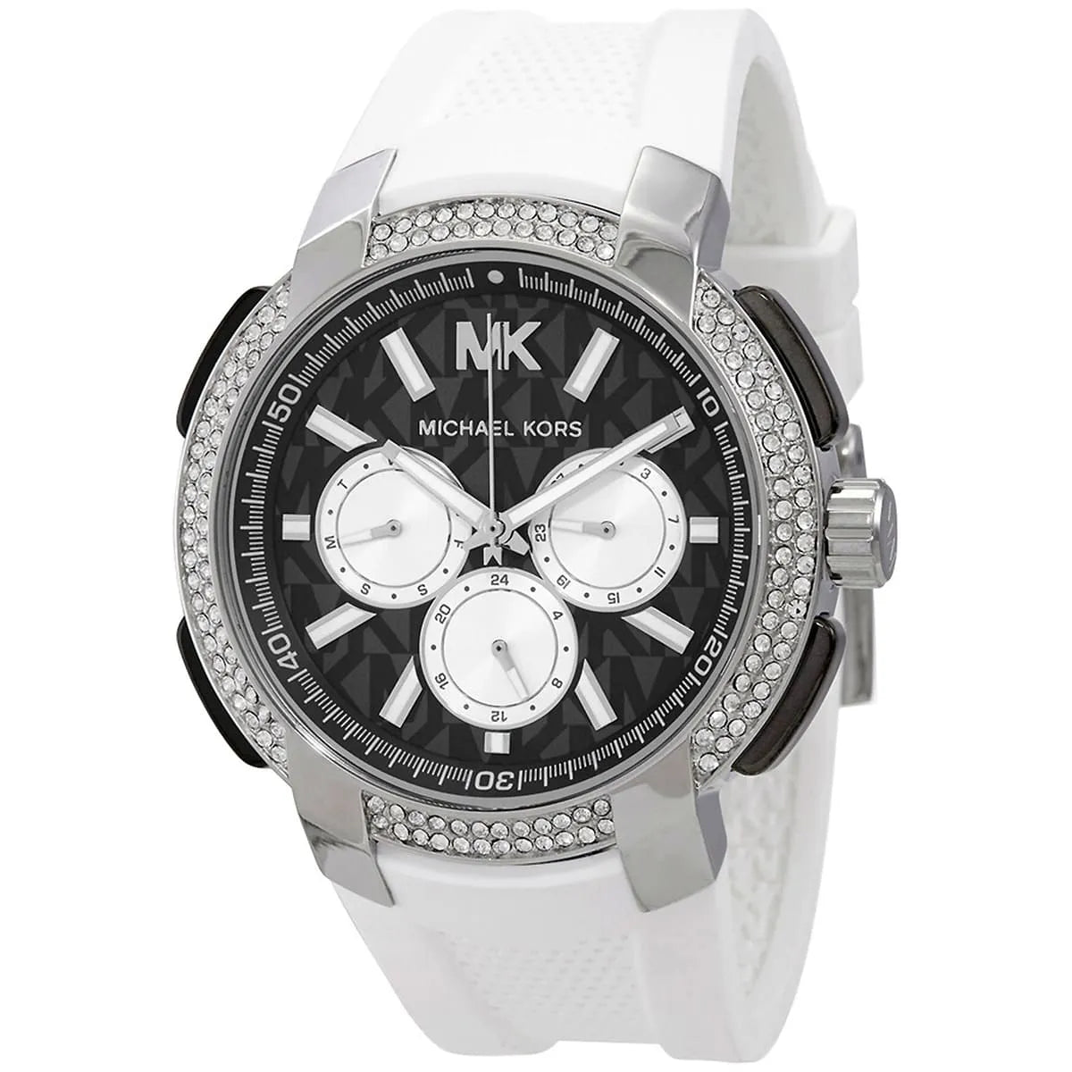 Close-up of Michael Kors MK6947 black chronograph dial with white rubber strap