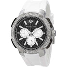 Close-up of Michael Kors MK6947 black chronograph dial with white rubber strap