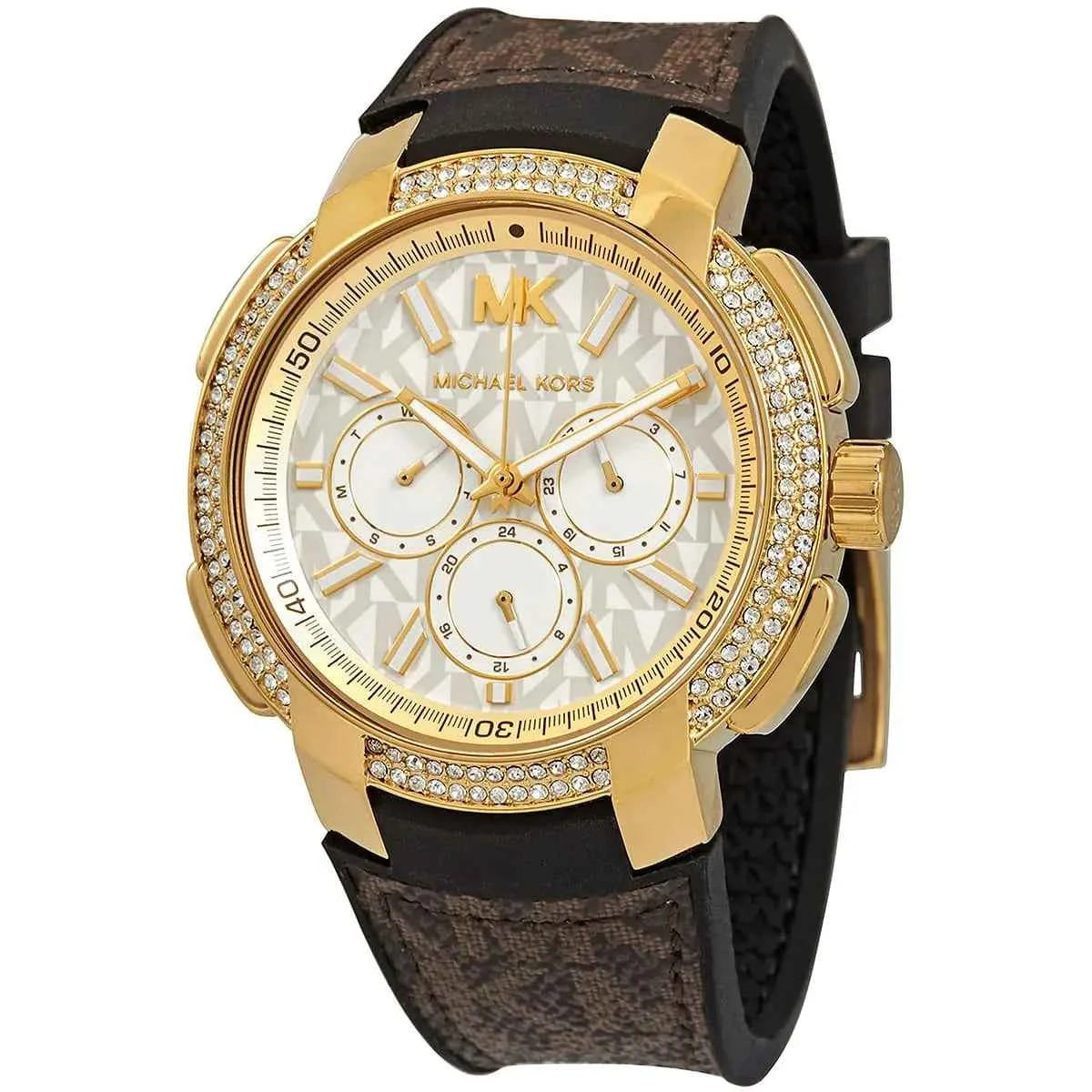 Close-up of Michael Kors MK6948 silver chronograph dial with brown strap