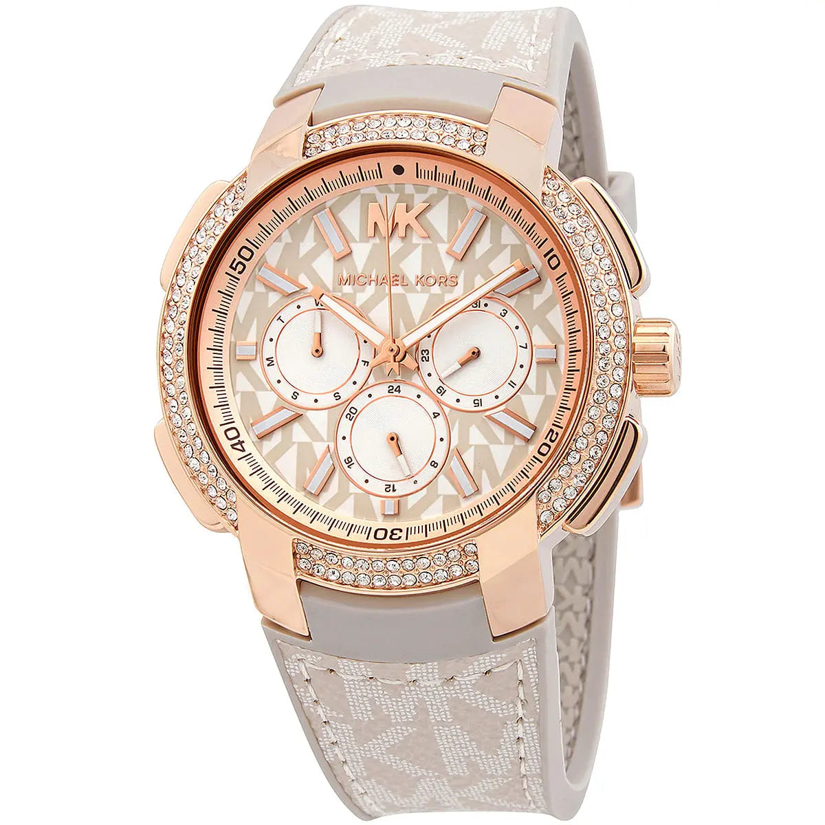 Close-up of Michael Kors MK6949 white chronograph dial with gray strap