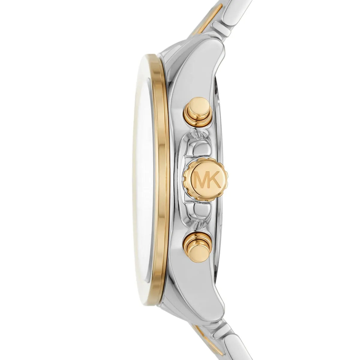 Side profile of Michael Kors Wren MK6953 silver and gold stainless steel bracelet watch