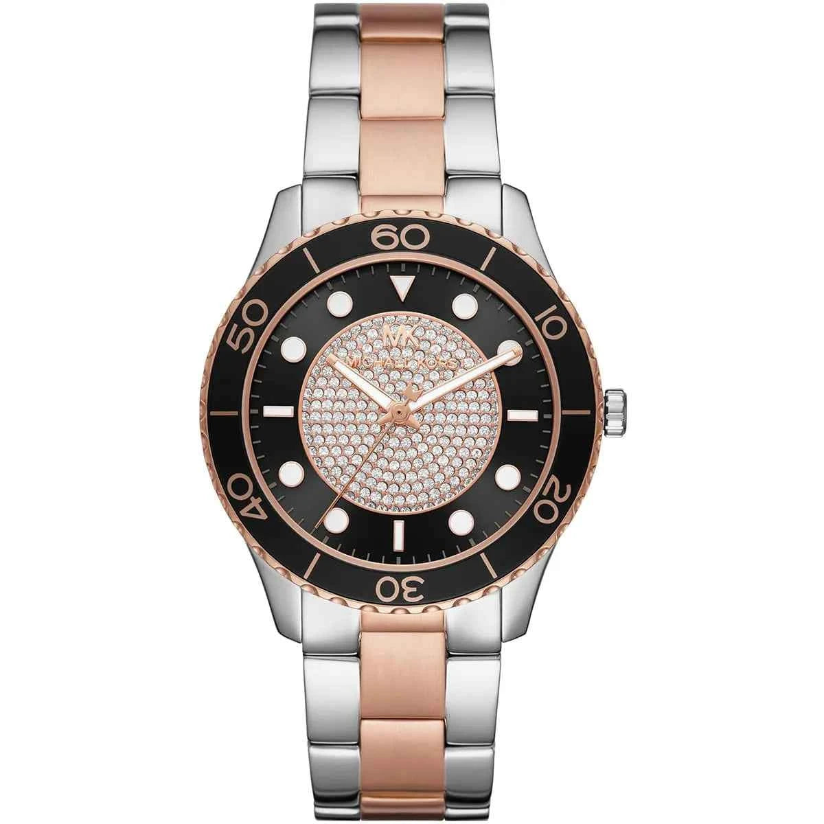 Michael Kors Runway MK6960 women's black and rose gold dial two-tone stainless steel watch front view