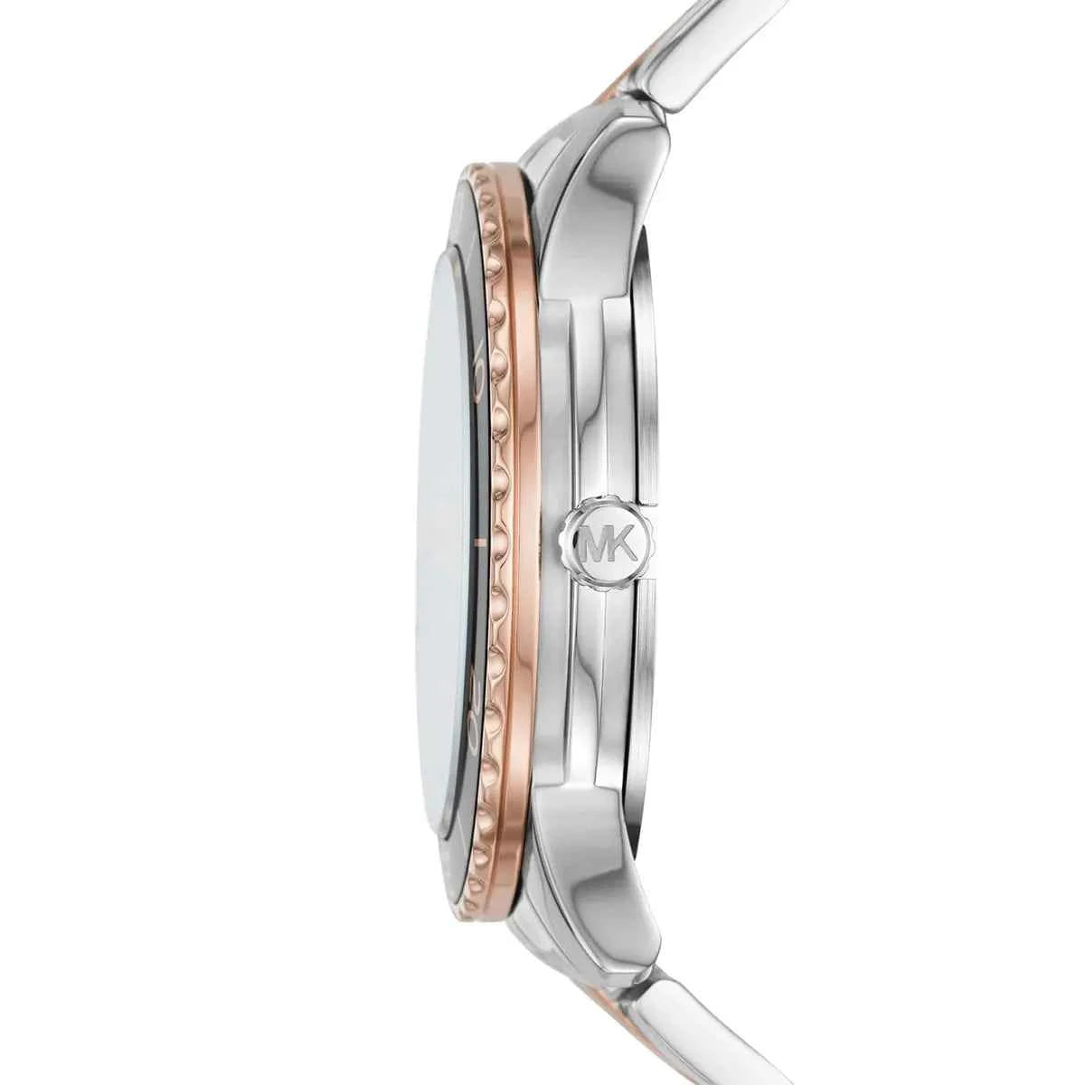 Side profile of Michael Kors Runway MK6960 silver and rose gold stainless steel bracelet watch