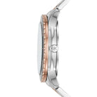 Side profile of Michael Kors Runway MK6960 silver and rose gold stainless steel bracelet watch