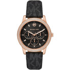 Michael Kors Tibby MK6968 women's black dial black leather strap watch front view