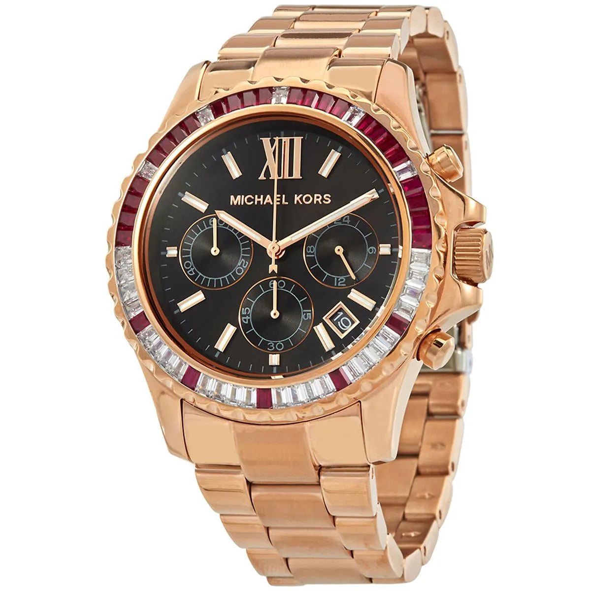 Close-up of Michael Kors MK6972 black chronograph dial with monthly date display