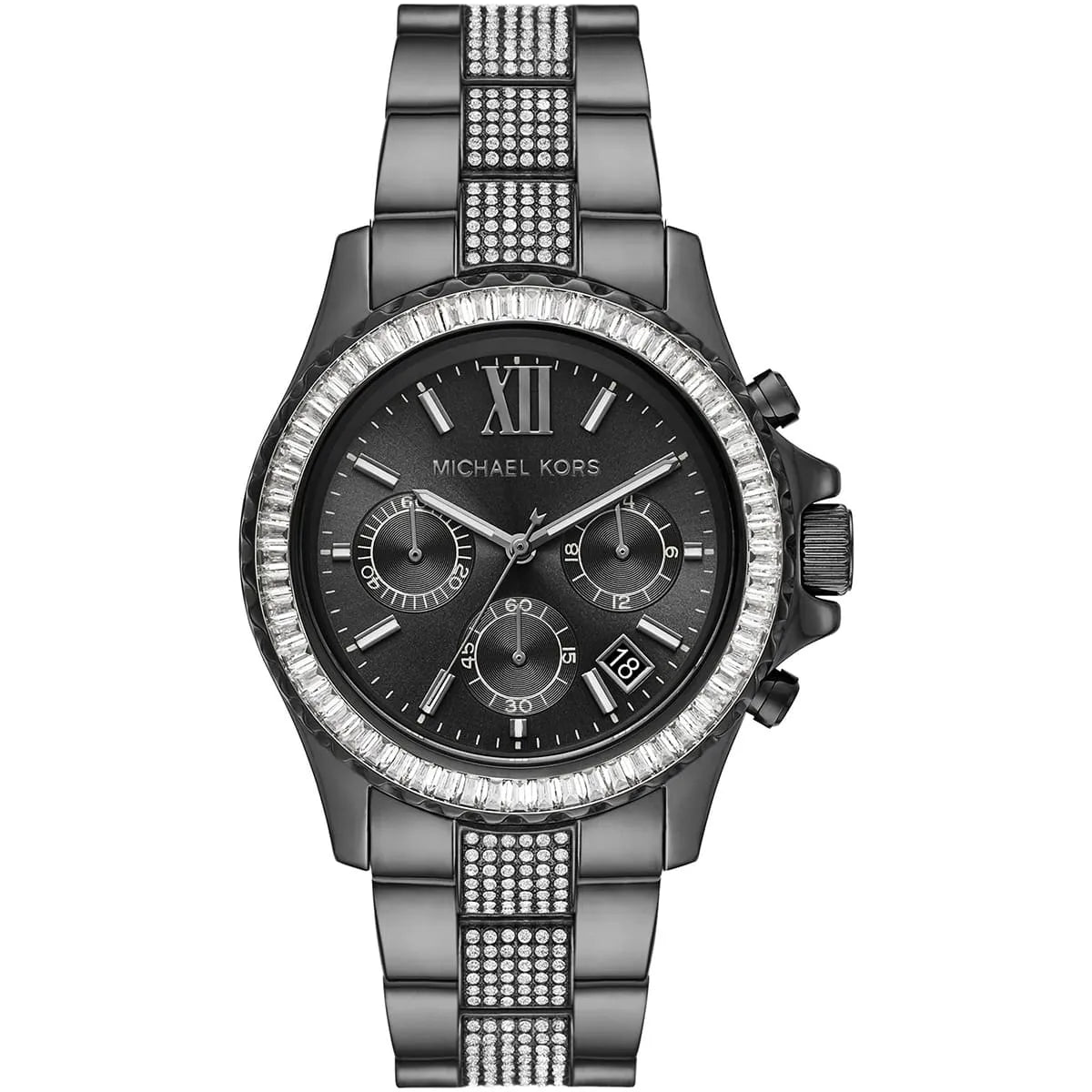 Michael Kors Everest MK6974 women's black dial gray strap chronograph watch front view