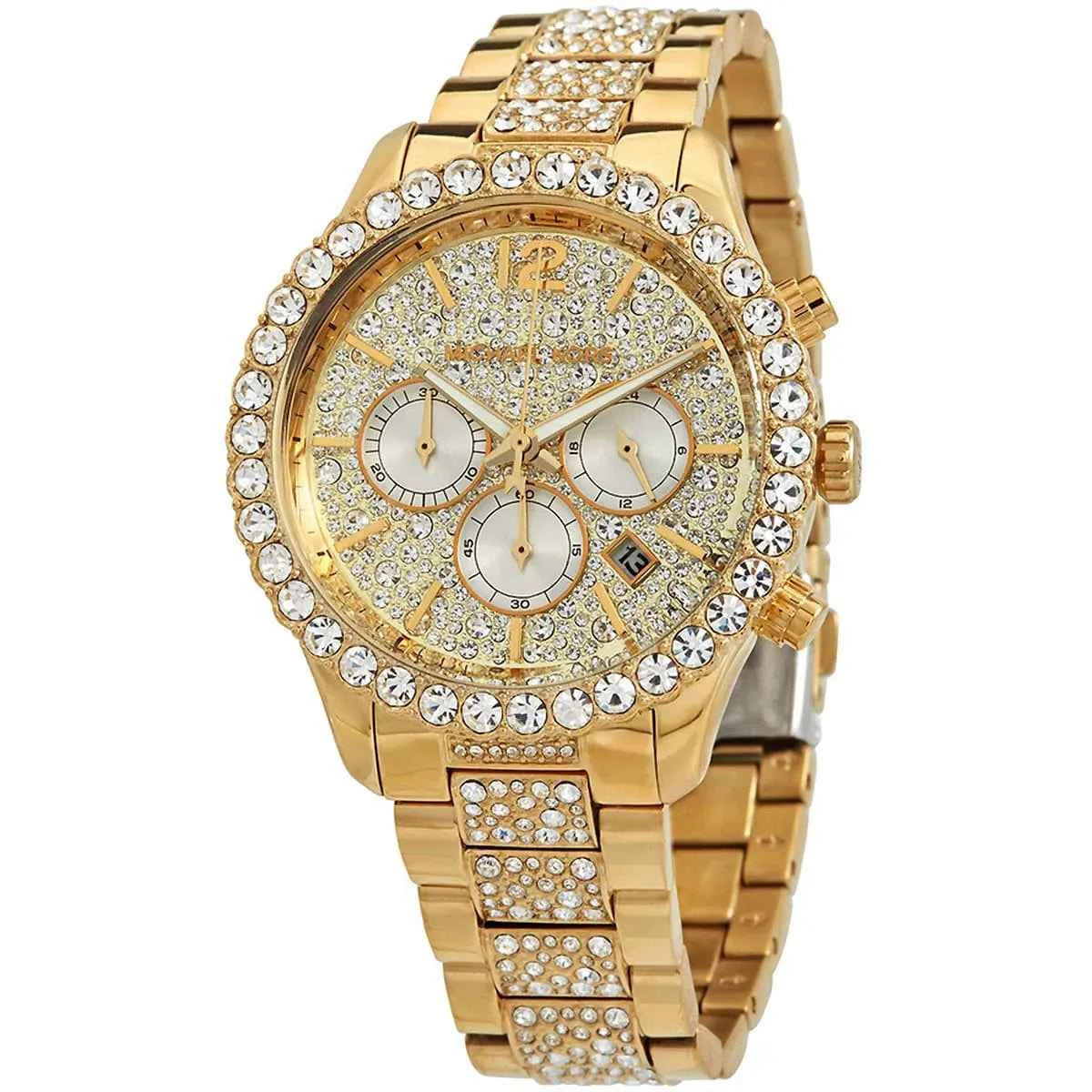 Close-up of Michael Kors MK6977 gold chronograph dial with monthly date display
