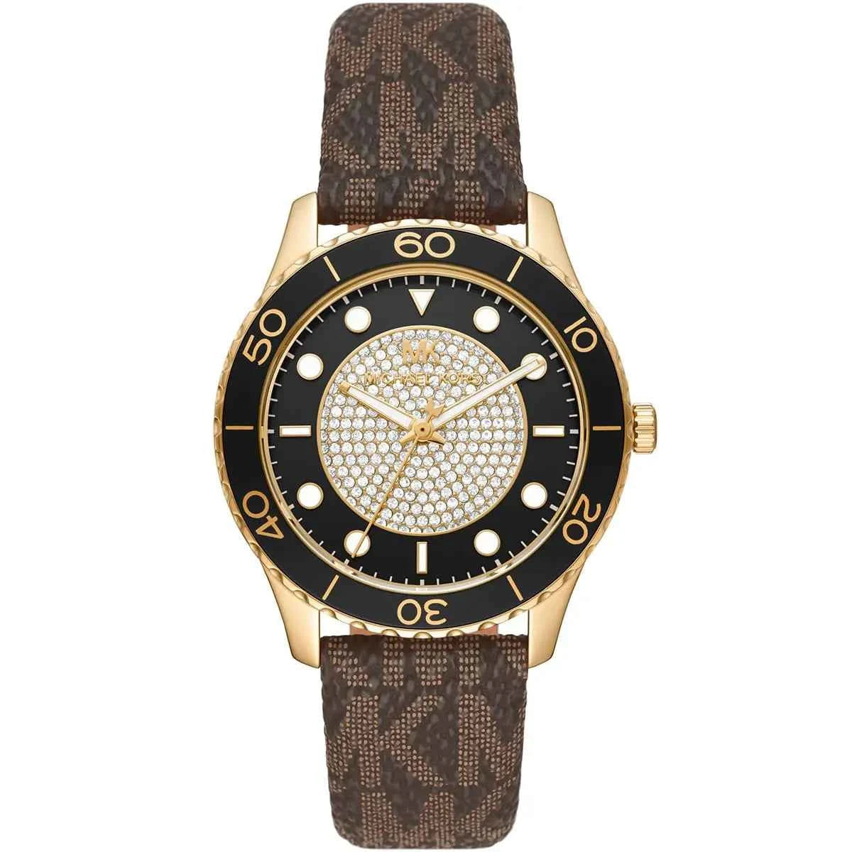 Michael Kors Runway MK6979 Women's Black & Gold Dial Brown Polyurethane Strap Watch