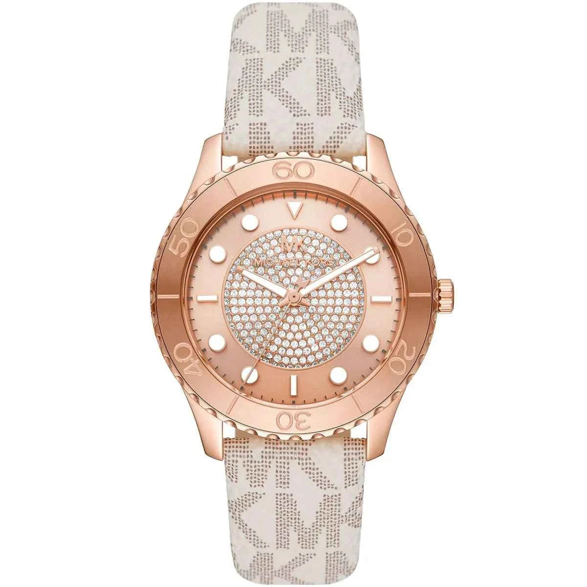 Michael Kors Runway MK6980 women's rose gold dial white polyurethane strap watch front view