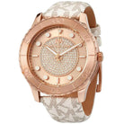 Close-up of Michael Kors MK6980 rose gold analog dial with white strap