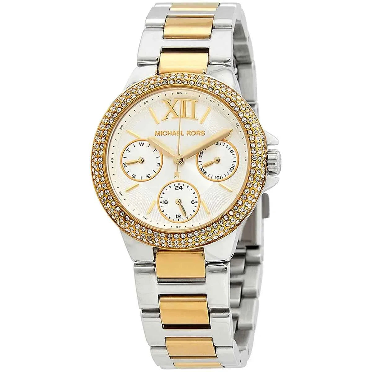 Close-up of Michael Kors MK6982 white analog dial with date display