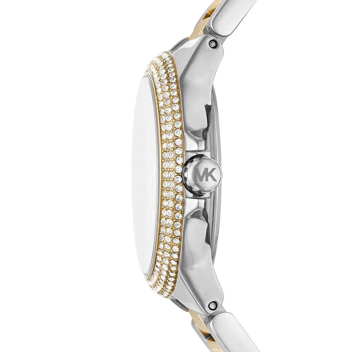 Side profile of Michael Kors Camille MK6982 silver and gold stainless steel bracelet watch