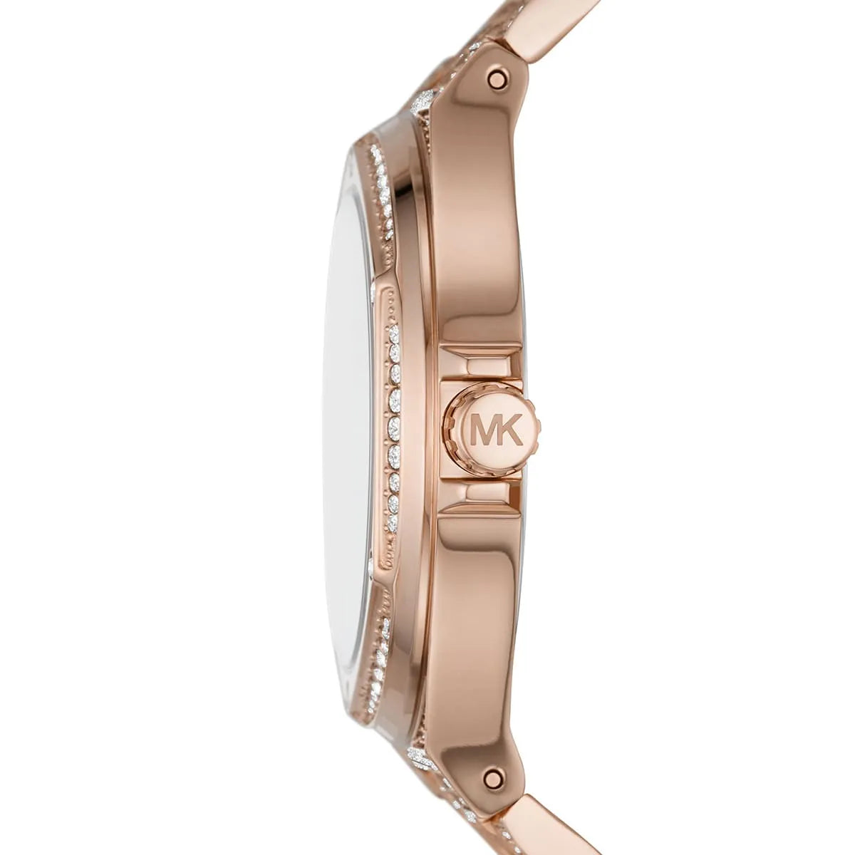 Side profile of Michael Kors Camille MK6992 rose gold stainless steel watch