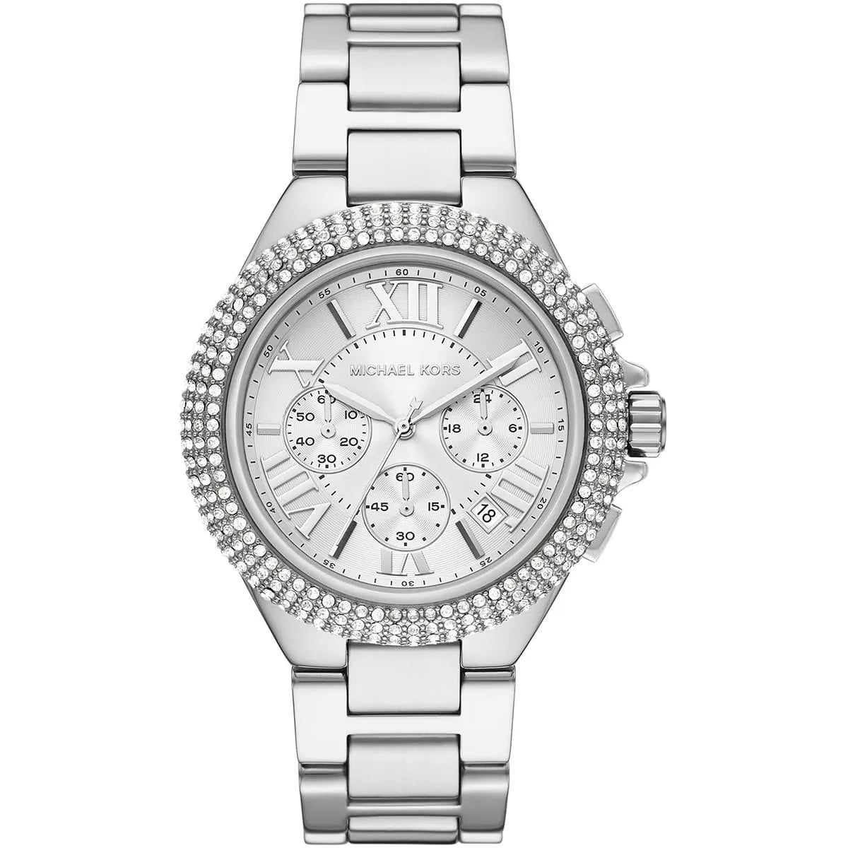 Michael Kors Camille MK6993 women's silver dial stainless steel chronograph watch front view