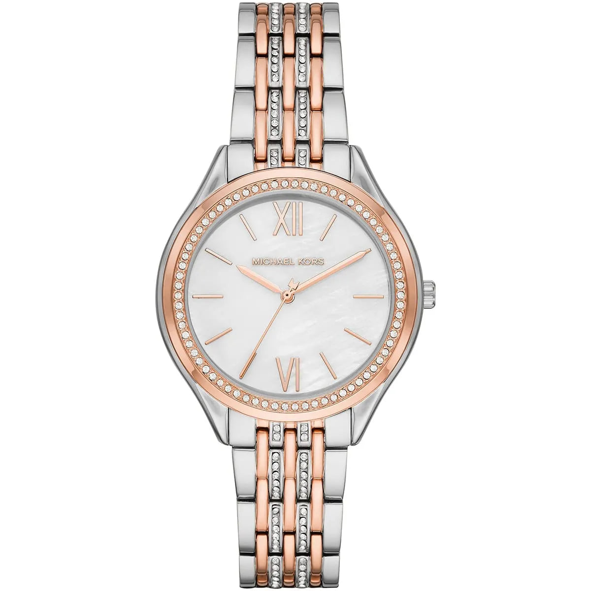 Michael Kors Mindy MK7077 women's white dial two-tone stainless steel watch front view