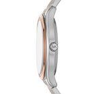 Side profile of Michael Kors Mindy MK7077 two-tone stainless steel bracelet watch