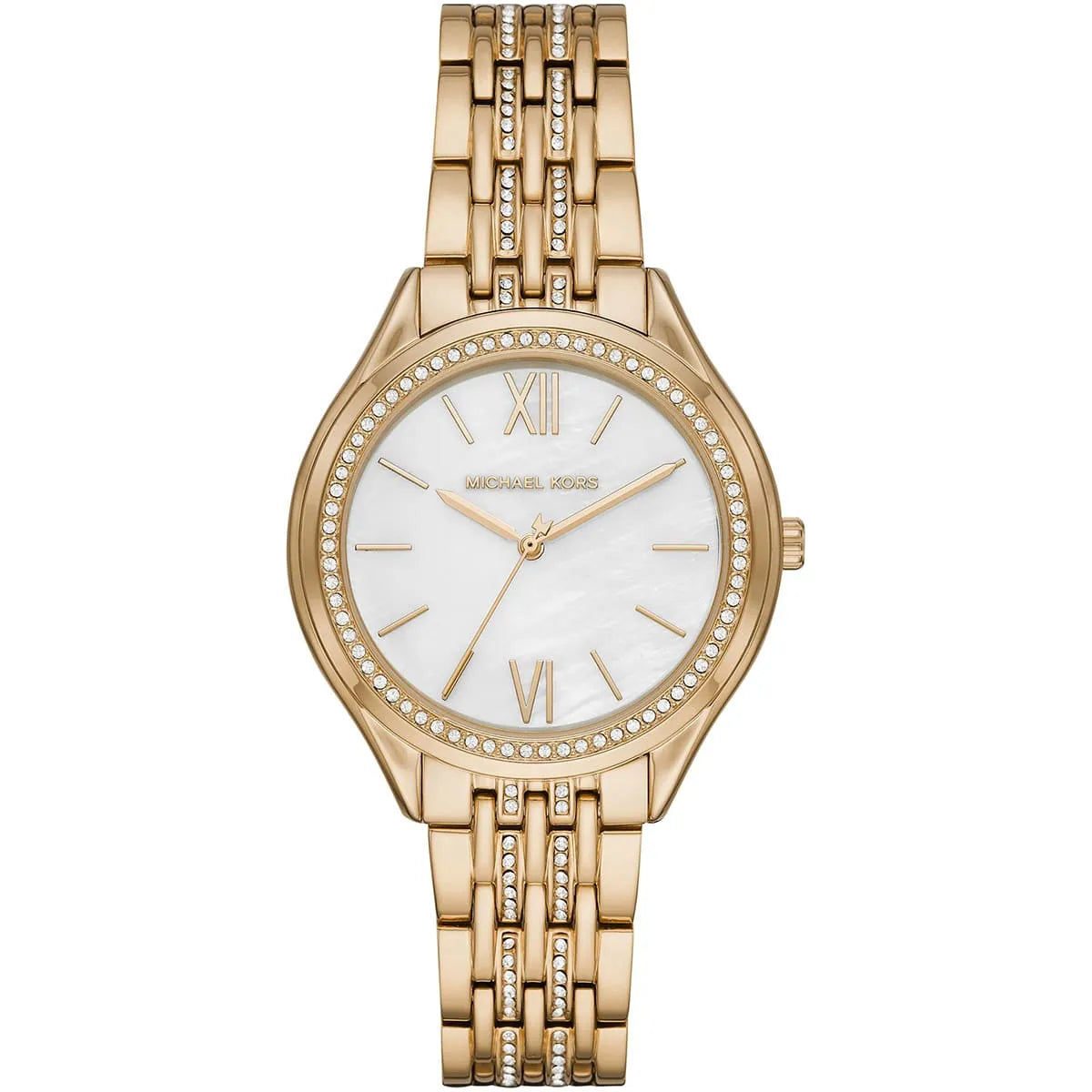 Michael Kors Mindy MK7078 women's white dial gold stainless steel watch front view