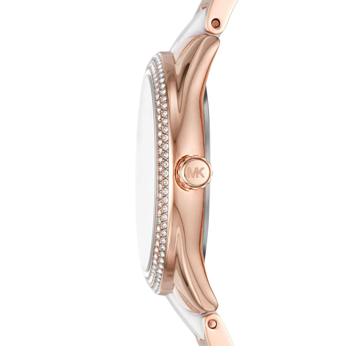 Side profile of Michael Kors Janelle MK7131 white and rose gold multi strap watch