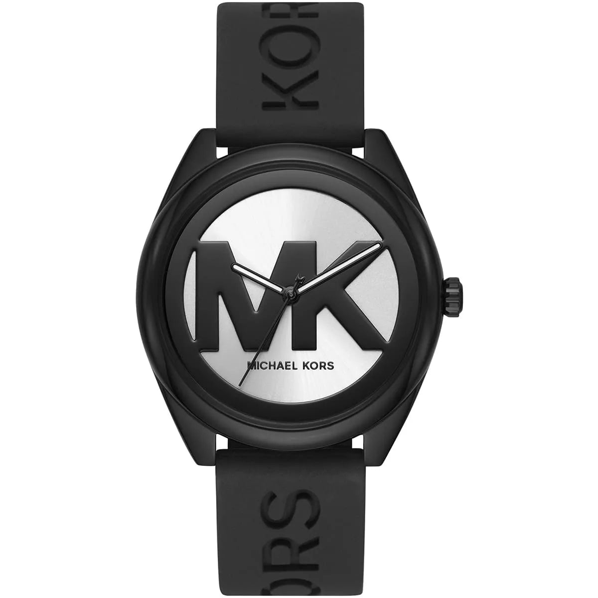 Michael Kors Janelle MK7138 women's silver dial black silicone strap watch front view