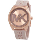 Close-up of Michael Kors MK7139 rose gold analog dial with pink strap