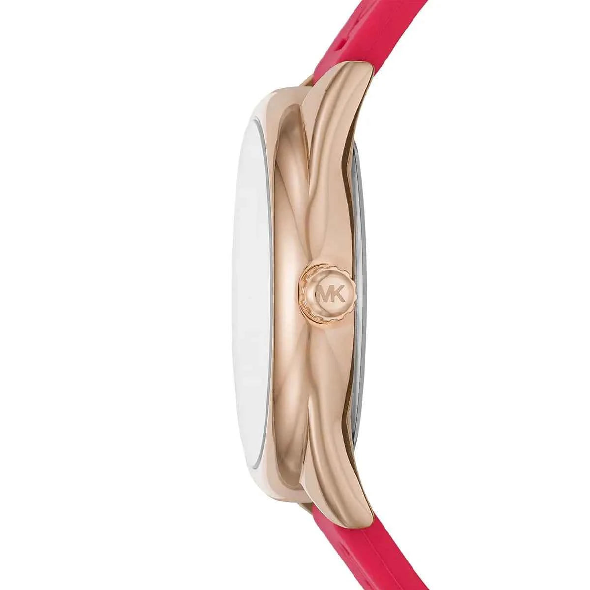 Side profile of Michael Kors Janelle MK7142 pink silicone rubber strap watch