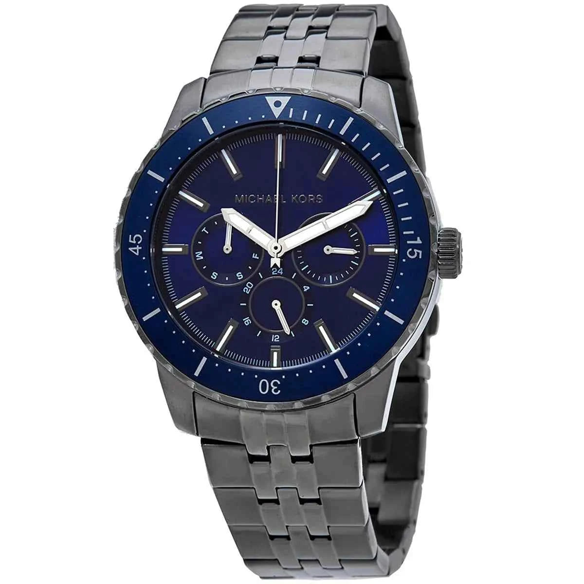 Close-up of Michael Kors MK7155 blue analog dial with monthly and weekly date display