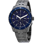 Close-up of Michael Kors MK7155 blue analog dial with monthly and weekly date display