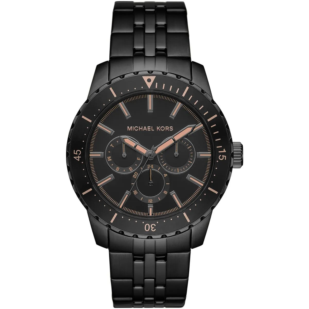 Michael Kors Cunningham MK7157 men's black dial black stainless steel watch front view