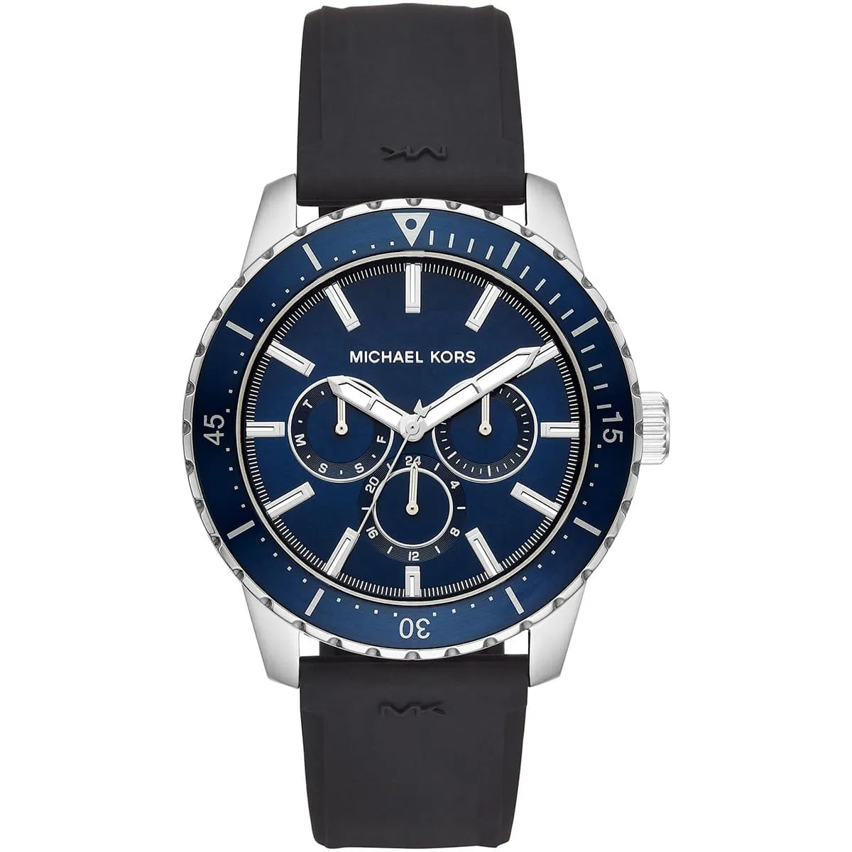 Michael Kors Cunningham MK7160 men's blue dial black silicone strap watch front view