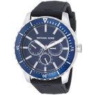Close-up of Michael Kors MK7160 blue analog dial with monthly and weekly date display