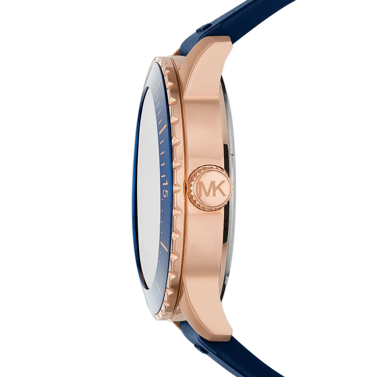 Side profile of Michael Kors Cunningham MK7163 blue silicone rubber strap watch