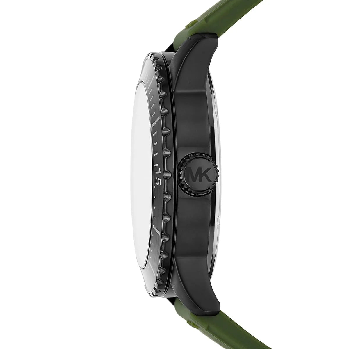 Side profile of Michael Kors Cunningham MK7165 green silicone rubber strap watch