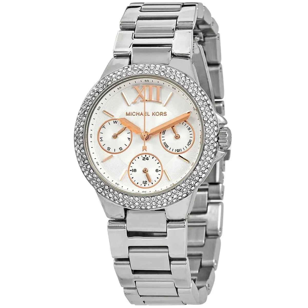 Close-up of Michael Kors MK7198 white analog dial with monthly and weekly date display