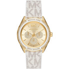 Michael Kors Jessa MK7204 women's gold dial white polyurethane strap watch front view