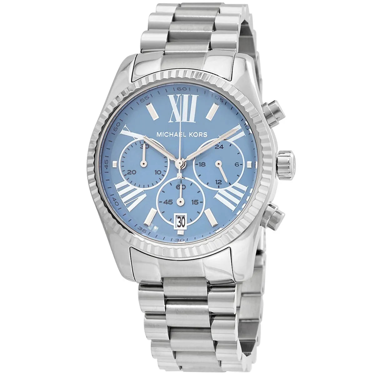 Side profile of Michael Kors Lexington MK7215 silver stainless steel bracelet watch