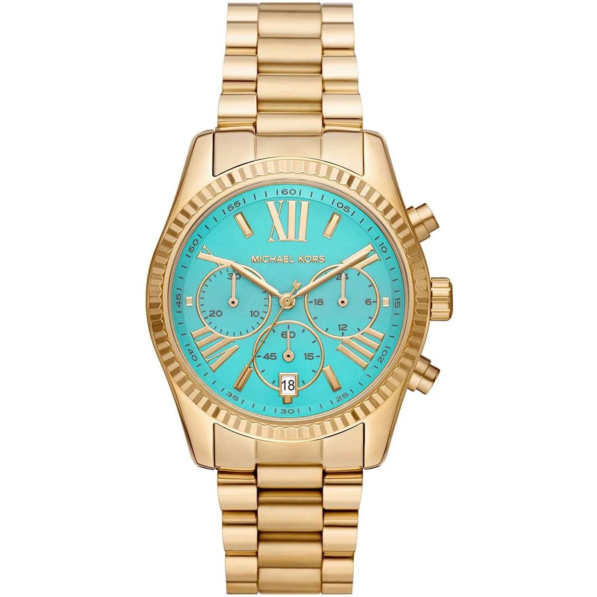 Michael Kors Lexington MK7216 women's blue dial gold stainless steel watch front view