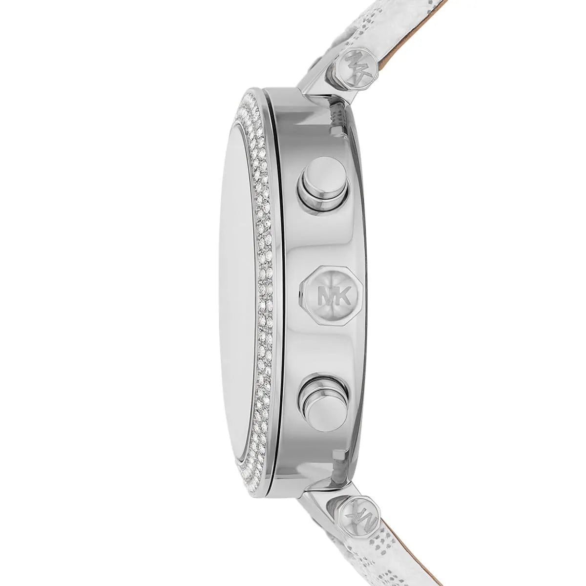 Side profile of Michael Kors Parker MK7226 white polyurethane strap watch