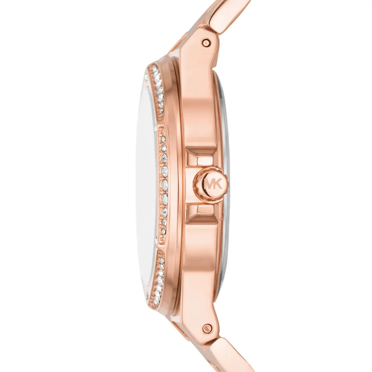 Side profile of Michael Kors Lennox MK7230 rose gold stainless steel bracelet watch