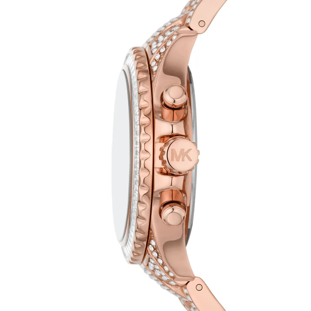 Side profile of Michael Kors Everest MK7235 rose gold stainless steel bracelet watch