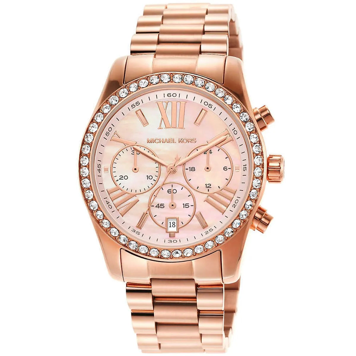 Close-up of Michael Kors MK7242 rose gold analog dial with monthly date and stopwatch function
