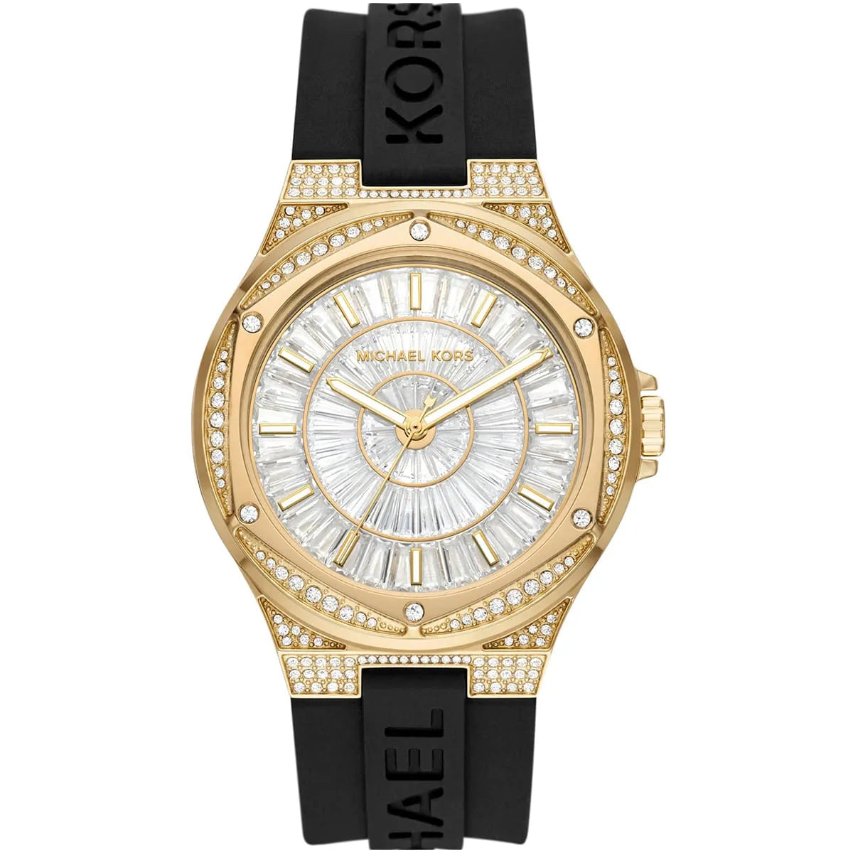 Michael Kors Camille MK7247 women's white dial black silicone strap watch front view
