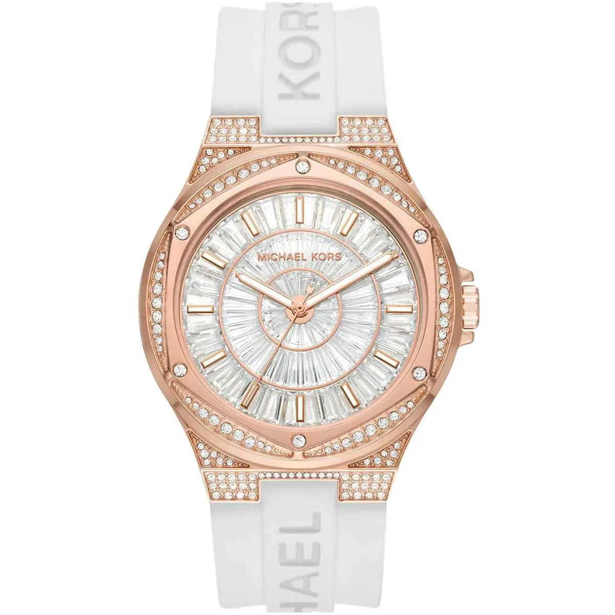 Michael Kors Camille MK7248 women's white dial white silicone strap watch front view