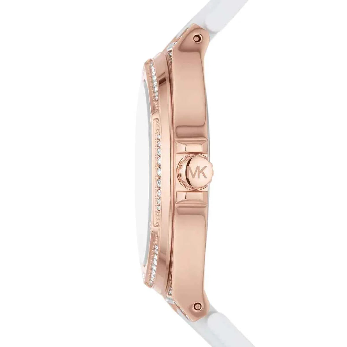 Side profile of Michael Kors Camille MK7248 white silicone rubber strap watch