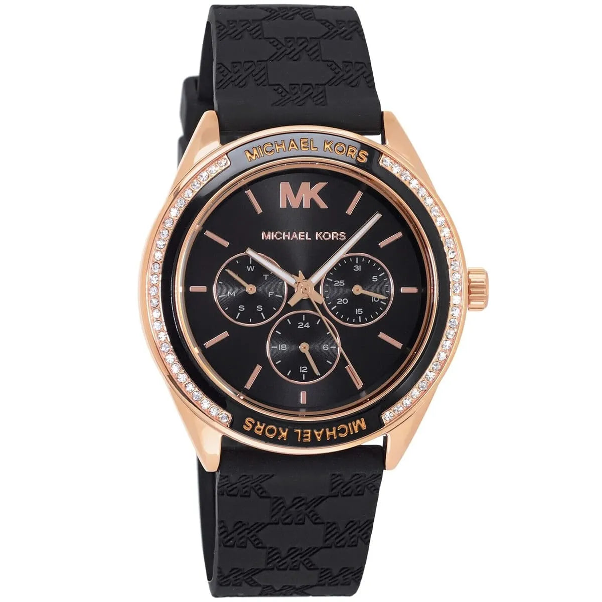 Close-up of Michael Kors MK7266 black analog dial with monthly and weekly date display