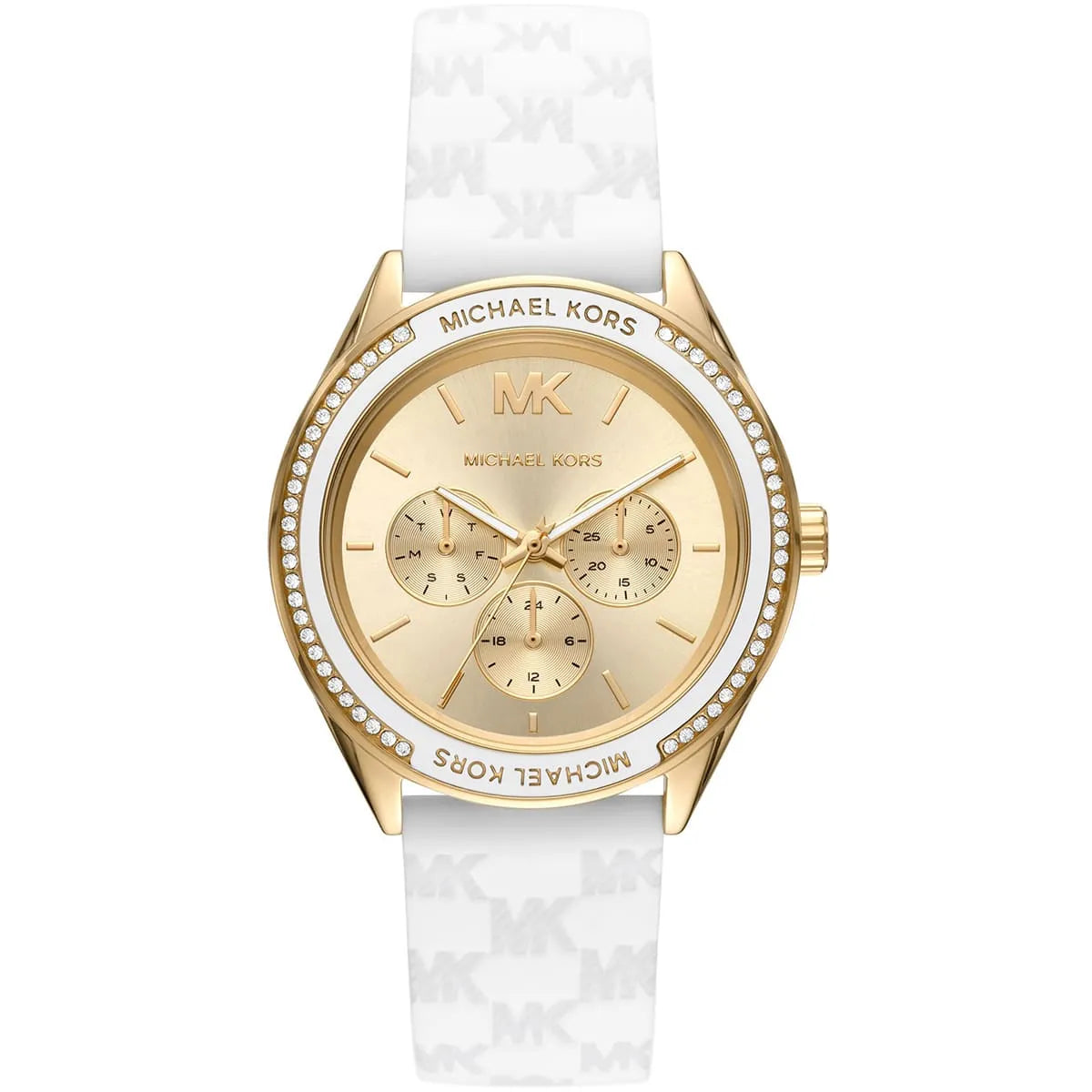 Michael Kors Jessa MK7267 women's gold dial white leather strap watch front view