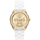 Michael Kors Jessa MK7267 women's gold dial white leather strap watch front view